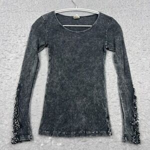 American Age Top Shirt Women's Small Black Mineral Wash Rib Knit Slim Y2K Lace